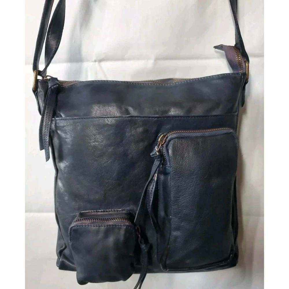 Estalon Purse Dark Blue Leather‎ Top Zip Crossbody Outside Pockets Boho Artsy